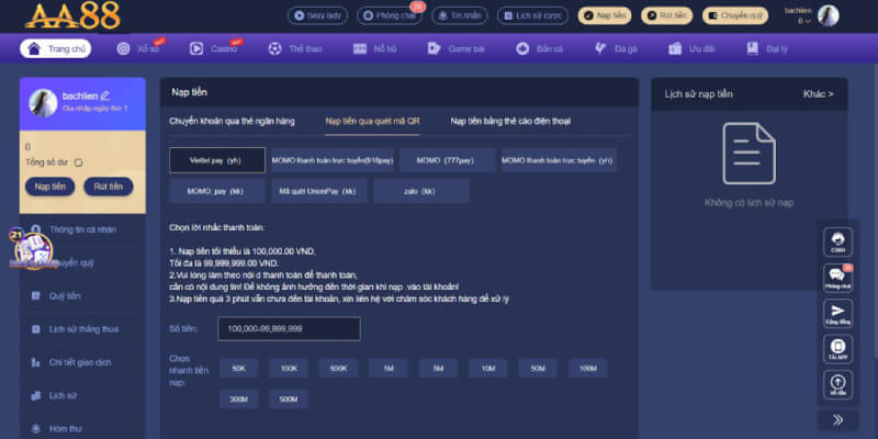 Nạp tiền vào aa88 thông qua Code Pay