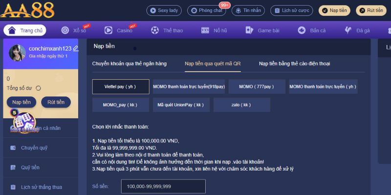 Nhà cái hỗ trợ đa dạng các hình thức nạp tiền khác nhau